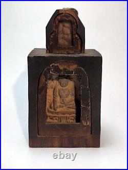 1700s Antique Tibet Buddhism Clay Tsa Tsa Sakyamuni Buddha Wood Gau Box Amulet