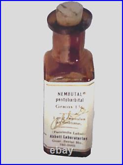 1900s EMPTY ABBOTT NEMBUTAL PENTOBARBITAL AMBER CORK BOTTLE ANTIQUE NOT FOR USE