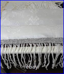 1920's Antique Art Deco Damask Linen Show Towel with Long Fringes B261