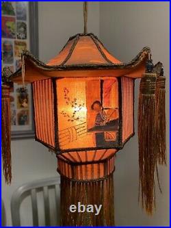 1920s Carved Dragon Table Lamp W Silk Shade