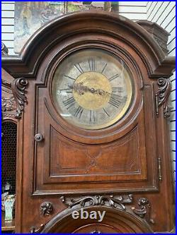 19th C Antique French Carved Walnut Grandfather Clock Tall Case Ludwig Hainz