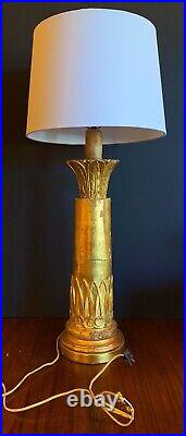 19th Century Antique Italian Carved GIltwood Half Colum Table Lamp White Shade