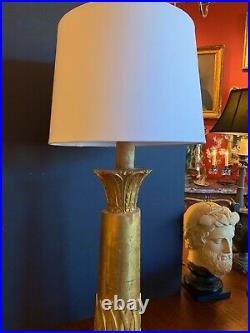 19th Century Antique Italian Carved GIltwood Half Colum Table Lamp White Shade