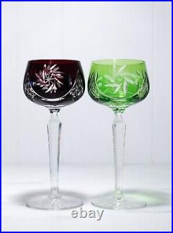 2 Antique Bohemian Czech Cut To Clear Ruby/Green Crystal Wine Water Goblets