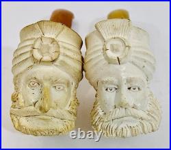 2 Vintage Meerschaum Tobacco Pipe Lot Sultan Head Bakelite Stem Antique Carved