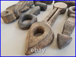 6 Antique Carved, Well-Used Wooden Ghurras from Nepal. A collection