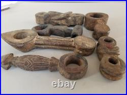 6 Antique Carved, Well-Used Wooden Ghurras from Nepal. A collection