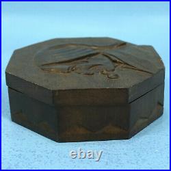 7 Antique Swiss Black Forest Wood Carving HUMIDOR BOX Man Smoking Pipe Relief