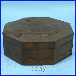 7 Antique Swiss Black Forest Wood Carving HUMIDOR BOX Man Smoking Pipe Relief