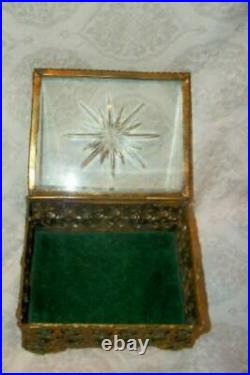 ANTIQUE BRONZE ORMOLU FILIGREE JEWELRY CASKET STARBURST GLASS 1890s HP ROYAL M
