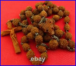 ANTIQUE CARVED BEADS Rosary CARVED HEART CENTERPIECE & CRUCIFIX