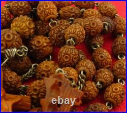 ANTIQUE CARVED BEADS Rosary CARVED HEART CENTERPIECE & CRUCIFIX