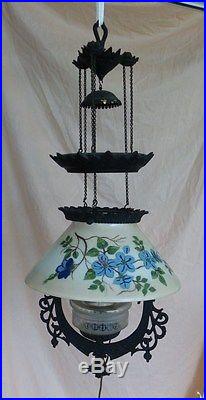 ANTIQUE CAST IRON HORSE PULL DOWN HANGING OIL LAMP hand-painted shade