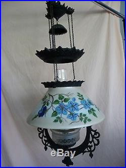 ANTIQUE CAST IRON HORSE PULL DOWN HANGING OIL LAMP hand-painted shade