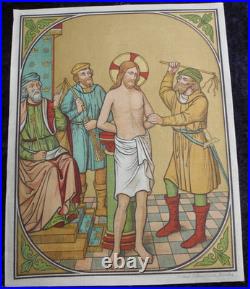 ANTIQUE CATHOLIC BROCADE FABRIC IMAGES 15 STAGES OF THE CROSS OF THE LORD Jesus