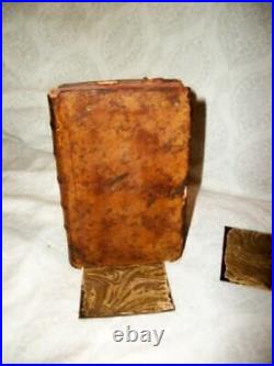 ANTIQUE FRENCH LEATHER BOOKENDS REAL BOOKS MARBLED PAPER 19th C. MARKED FRANCE