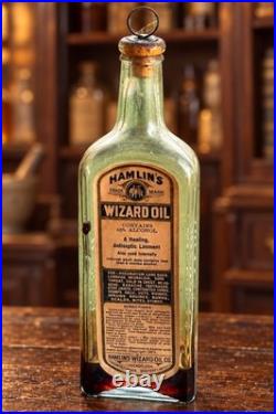 ANTIQUE HAMLIN'S WIZARD OIL PAPER LABEL MEDICINE BOTTLE With CONTENTS CORK 1890s