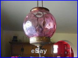ANTIQUE HANGING OIL LAMP, pink glass, dimpled. BEAUTIFUL
