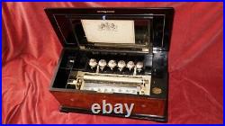 ANTIQUE MUSIC BOX PLAYING 8 AIRS on 6 BELLS in a SUPERB INLAID WALNUT CASE