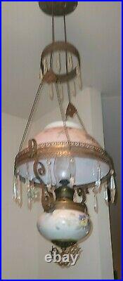 ANTIQUE VICTORIAN BRADLEY & HUBBARD HANGING PARLOR OIL LAMP Original Chains