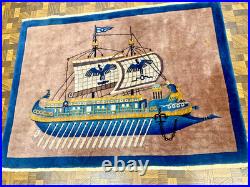 ART DECO CHINESE ORIENTAL RUG BOAT SAILS OARS FLAGS EAGLES 2' 10 x 3' 10
