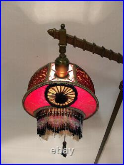 Amazaing 1920s Art Nouveau Bridge Floor Lamp With Original Pink Beaded Shade