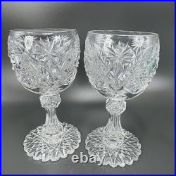 American Brilliant Period Cut Glass Goblet W Hobstar Scallop Cut Foot Heavy Set2