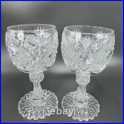 American Brilliant Period Cut Glass Goblet W Hobstar Scallop Cut Foot Heavy Set2