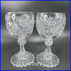 American Brilliant Period Cut Glass Goblet W Hobstar Scallop Cut Foot Heavy Set2