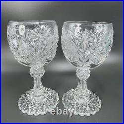 American Brilliant Period Cut Glass Goblet W Hobstar Scallop Cut Foot Heavy Set2