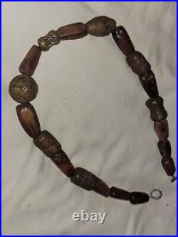 Ancient Carnelian and Antique Lost Wax Brass African Trade Bead Beaded Necklace