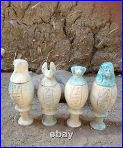Ancient Pharaohs Antiques 4 Canopic Jars porcelain Of Sons Horus (Egypt BC)