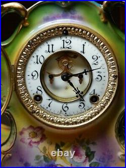 Ansonia Outside Escapement Porcelain Shelf / Mantle Clock In Royal Bonn Case