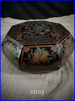 Antique 10 DC Traditional Chinese Black Lacquered Floral Motif Phoenix Storage