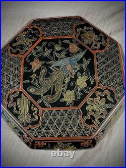 Antique 10 DC Traditional Chinese Black Lacquered Floral Motif Phoenix Storage