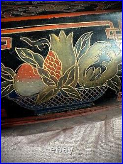 Antique 10 DC Traditional Chinese Black Lacquered Floral Motif Phoenix Storage