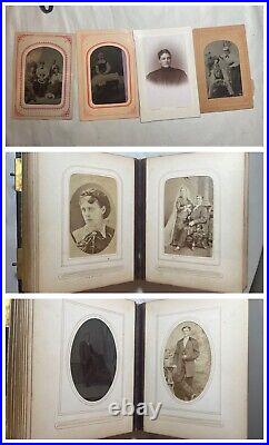 Antique 1800's handmade inlaid marquetry wood brass photo album with photographs