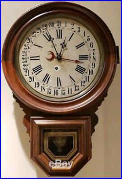 Antique 1880 INGRAHAM Round Top Short Drop Walnut Regulator Calendar Wall Clock