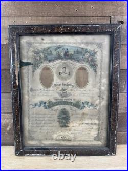 Antique 1881 Framed German Marriage Fraktur Certificate