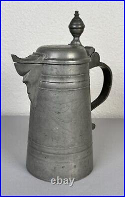 Antique 18th Century German Engraved Tulips Pewter Flagon Tankard Stein with Lid