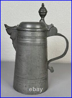 Antique 18th Century German Engraved Tulips Pewter Flagon Tankard Stein with Lid