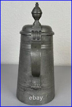 Antique 18th Century German Engraved Tulips Pewter Flagon Tankard Stein with Lid