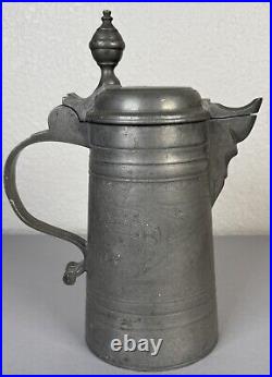 Antique 18th Century German Engraved Tulips Pewter Flagon Tankard Stein with Lid