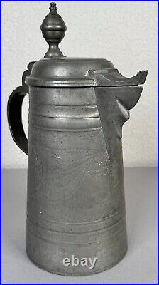 Antique 18th Century German Engraved Tulips Pewter Flagon Tankard Stein with Lid