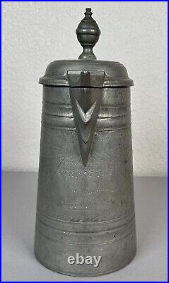 Antique 18th Century German Engraved Tulips Pewter Flagon Tankard Stein with Lid