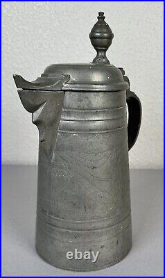 Antique 18th Century German Engraved Tulips Pewter Flagon Tankard Stein with Lid