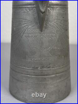 Antique 18th Century German Engraved Tulips Pewter Flagon Tankard Stein with Lid