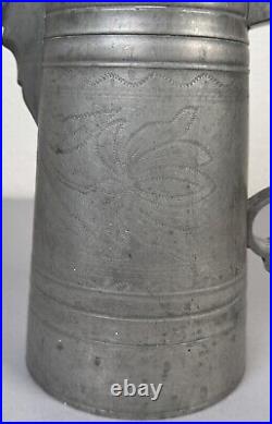 Antique 18th Century German Engraved Tulips Pewter Flagon Tankard Stein with Lid