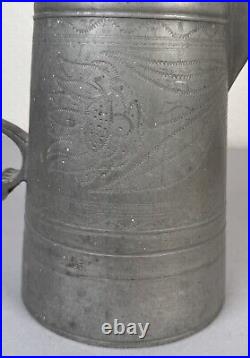 Antique 18th Century German Engraved Tulips Pewter Flagon Tankard Stein with Lid