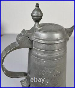 Antique 18th Century German Engraved Tulips Pewter Flagon Tankard Stein with Lid